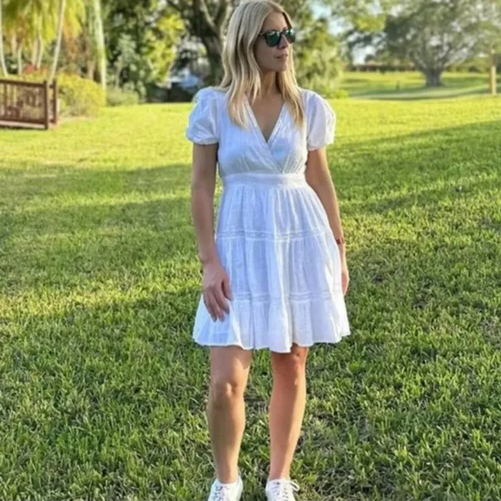 NWT Zara Lace Insert Trim Balloon Sleeve Cotton Tiered Mini Dress in White - Picture 8 of 12